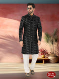 Joban Fashion Men's Black Base Straight Velvet Thread And Sequence Embroidary All Over Indo-Western Kurta Set