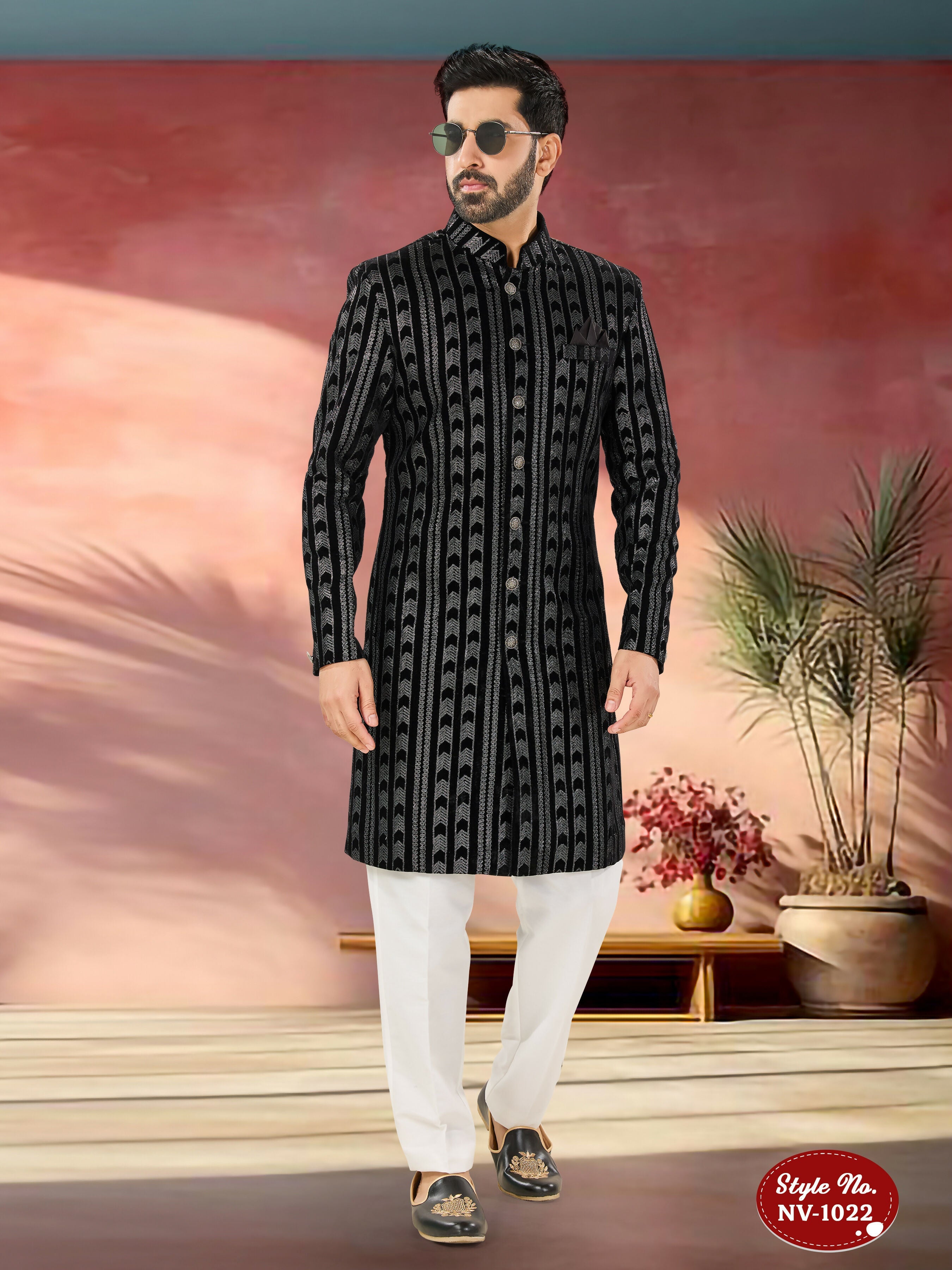 Joban Fashion Men's Black Base Straight Velvet Thread And Sequence Embroidary All Over Indo-Western Kurta Set