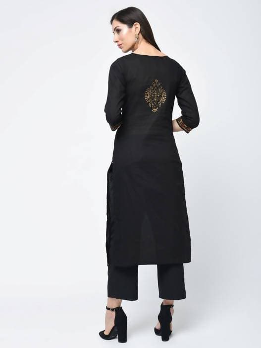 Aniyah Cotton Block Printed Latest Black Straight Kurta (AN-122K)