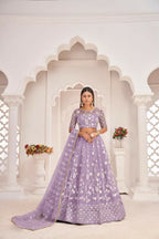 Aastha Fashion Lavender Butterfly Net White Cotton Thread Work, Zari Work And Sandwich Sequence Work Embroidery Wedding Wear Lehenga Choli