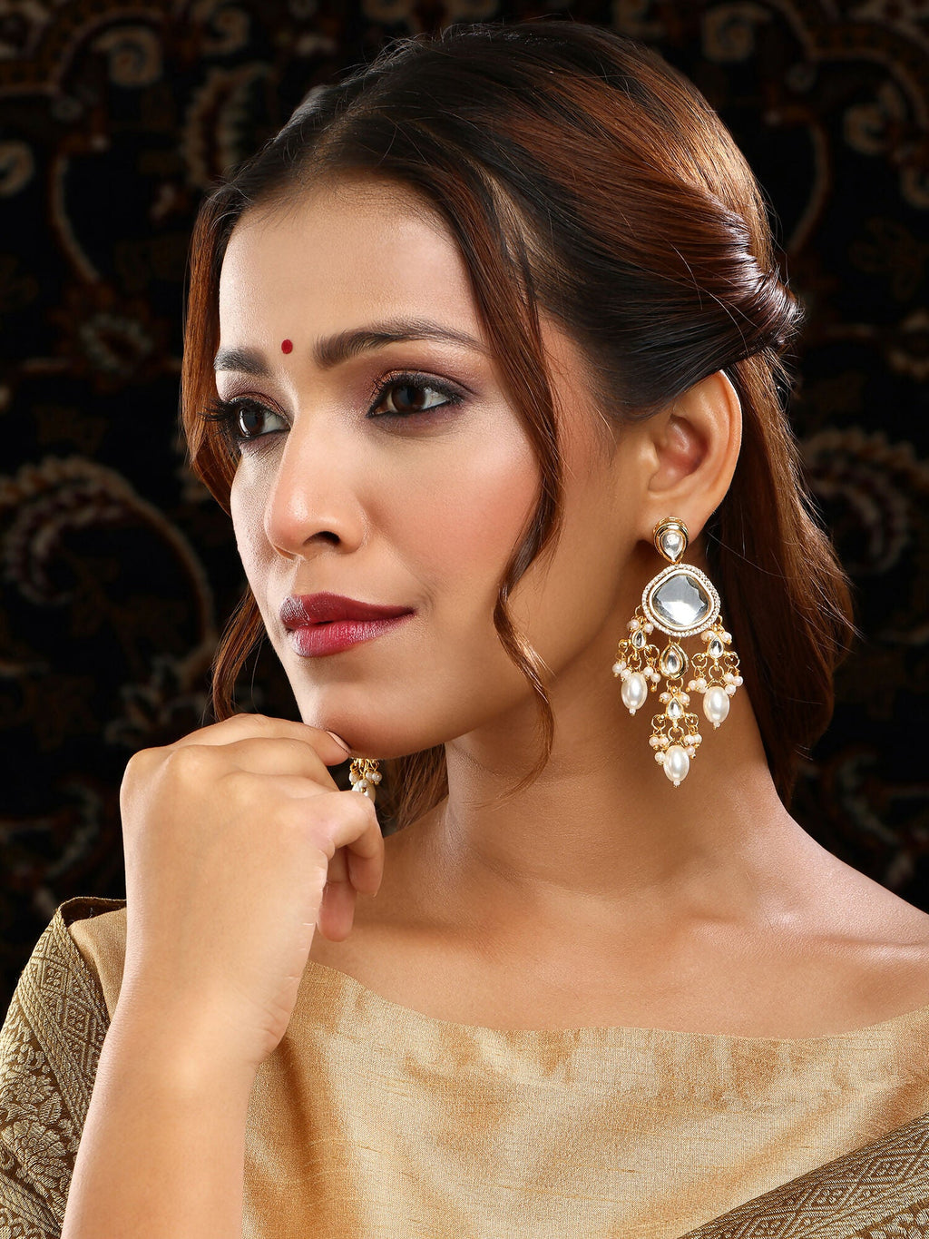 Ruby Raang 22k Gold Polished Kundan Earrings With Pearls - Distacart