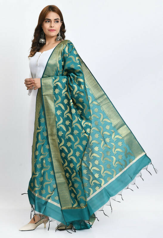 Mominos Fashion Moeza Women's Banarsi Silk Floral Woven Design Rama Green Dupatta - Distacart