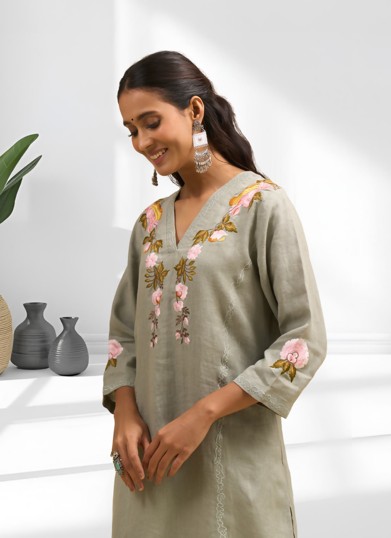 Joban Fashion Pista Green Linen Embroidered Readymade Cord Set - Distacart