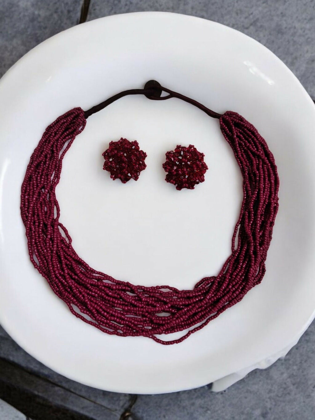 Inhanns Vibrant Handmade 20 Layers Beaded Necklace With Matching Earrings - Wine