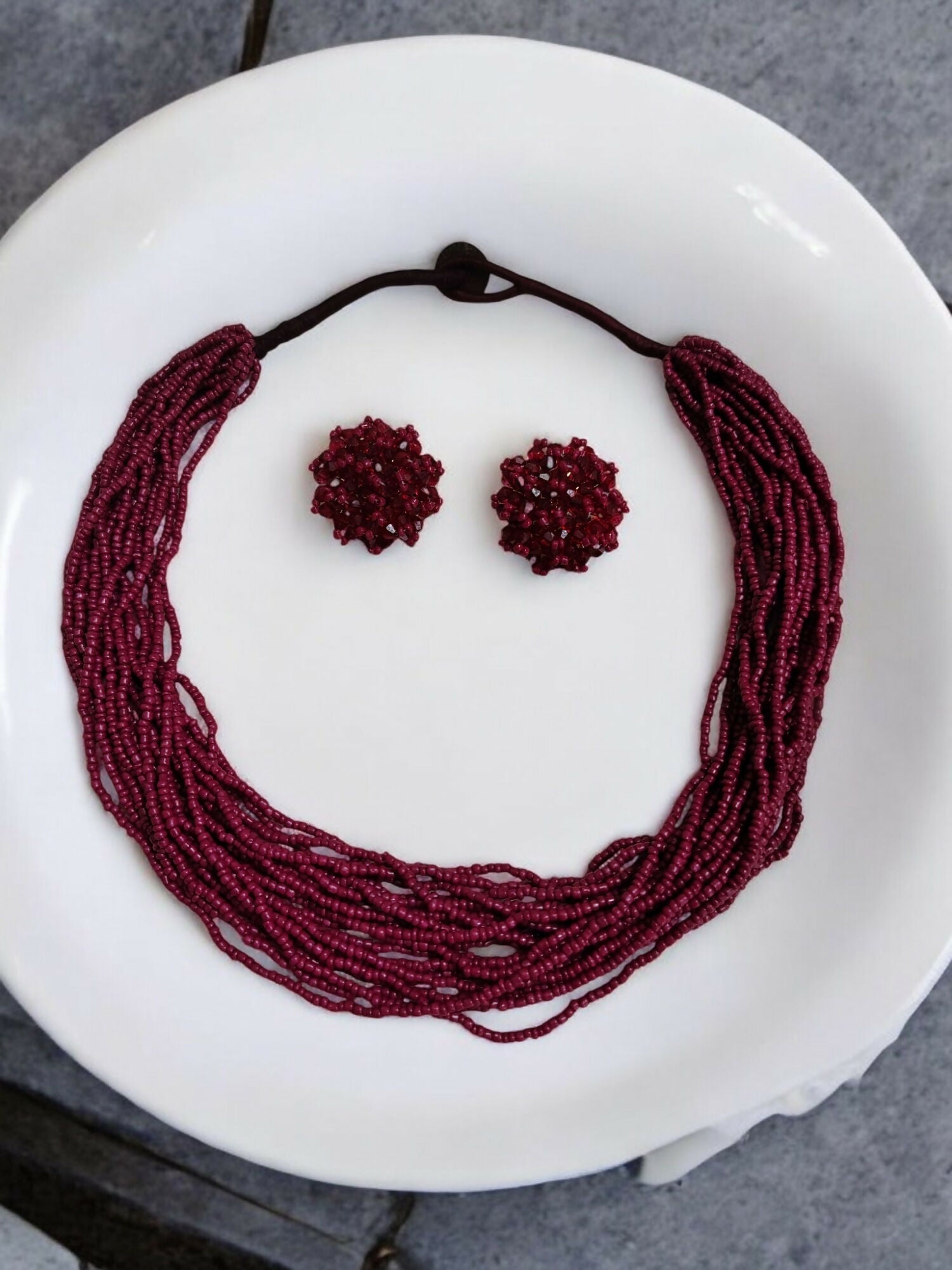Inhanns Vibrant Handmade 20 Layers Beaded Necklace With Matching Earrings - Wine