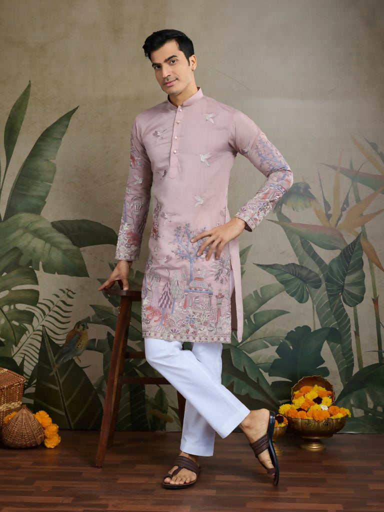 Vastranavya Peach Exclusive Festival Wear Viscose Silk Thread & Sequence Embroidered Work Kurta