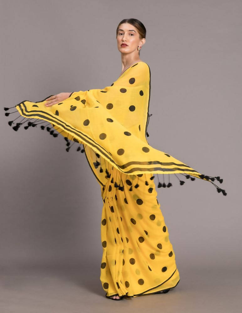 Suta Yellow and Black Polka Printed Pure Cotton Saree - Distacart