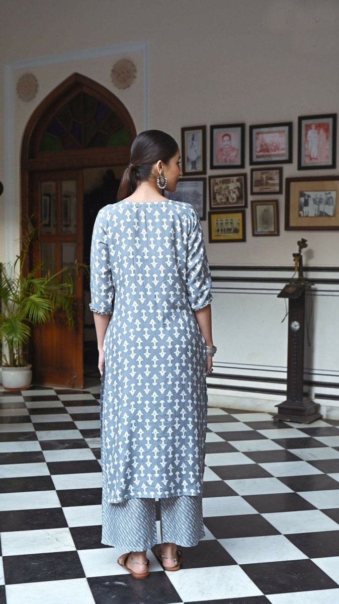 Aayaa Pure Muslin printed Kurti & Pant - Grey sky