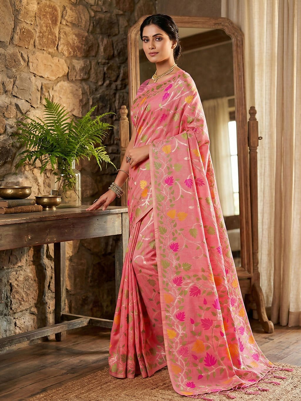 Shree Shyam Fashion Pink Linen Cotton Saree - Distacart