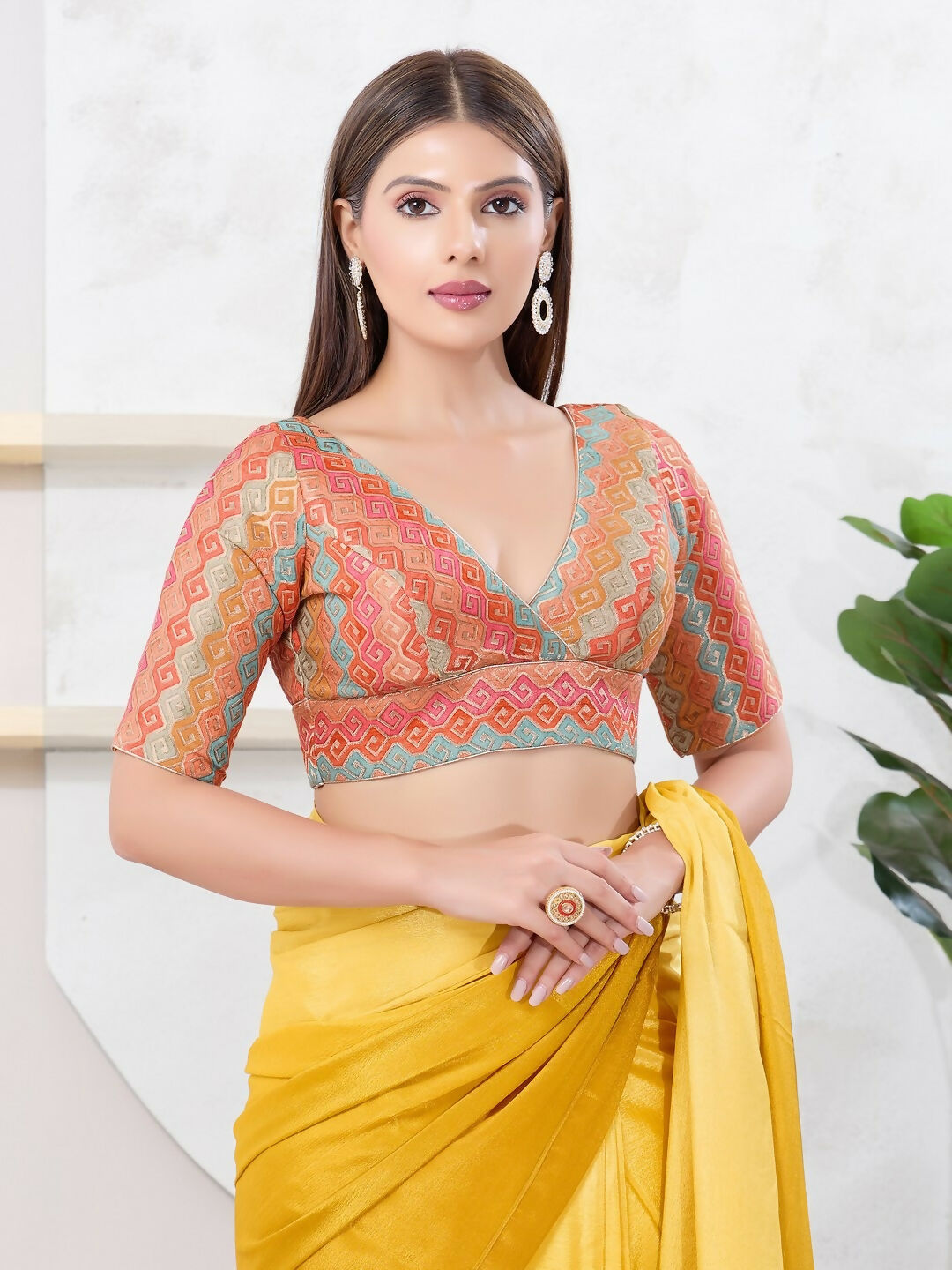 Joban Fashion Peach Brocade Elbow Sleeveless Back Open Blouse