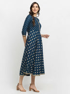 Rudra Bazaar A-Line Gold Floral Printed Turquoise Blue Kurti - Distacart