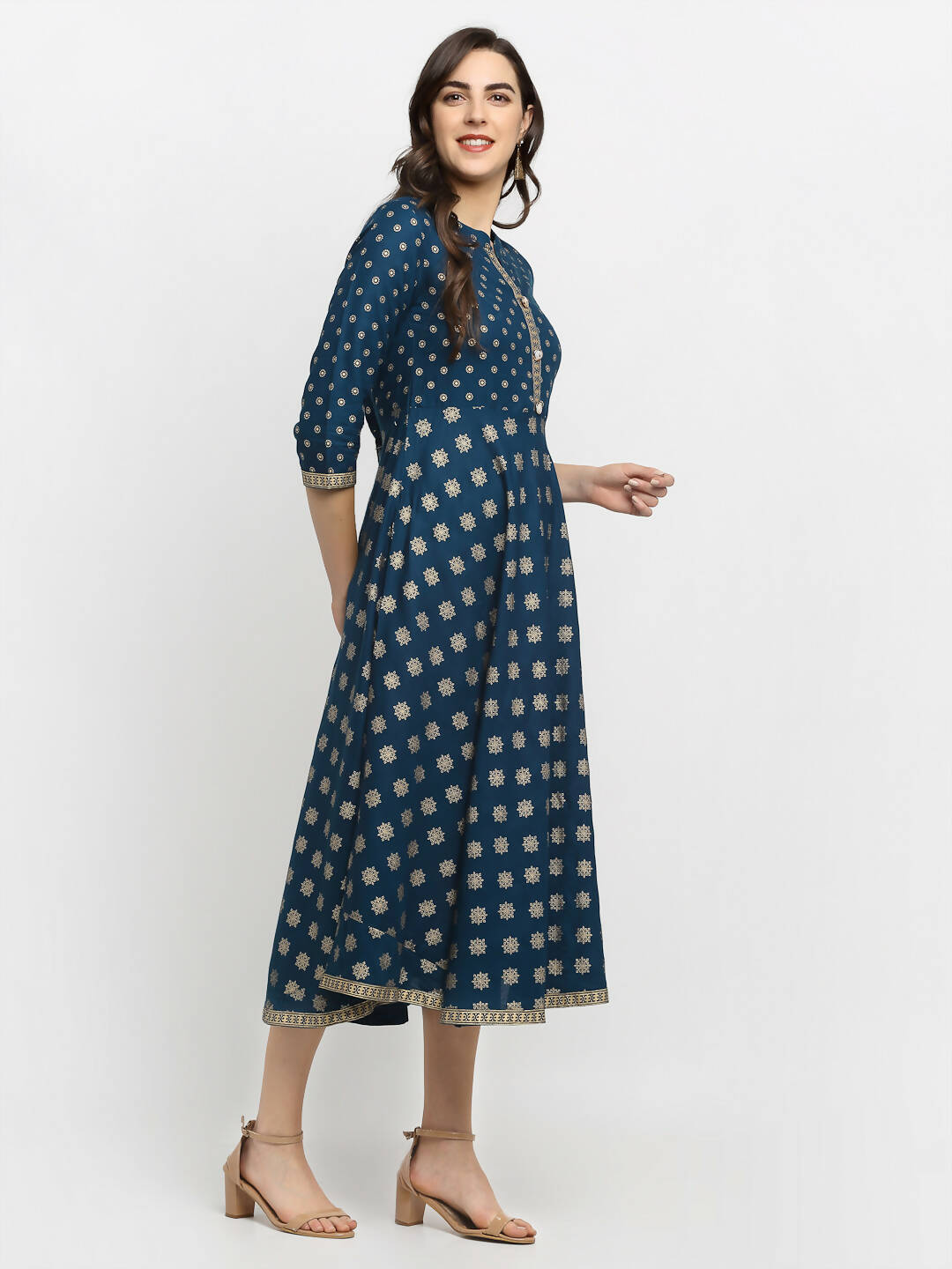 Rudra Bazaar A-Line Gold Floral Printed Turquoise Blue Kurti - Distacart