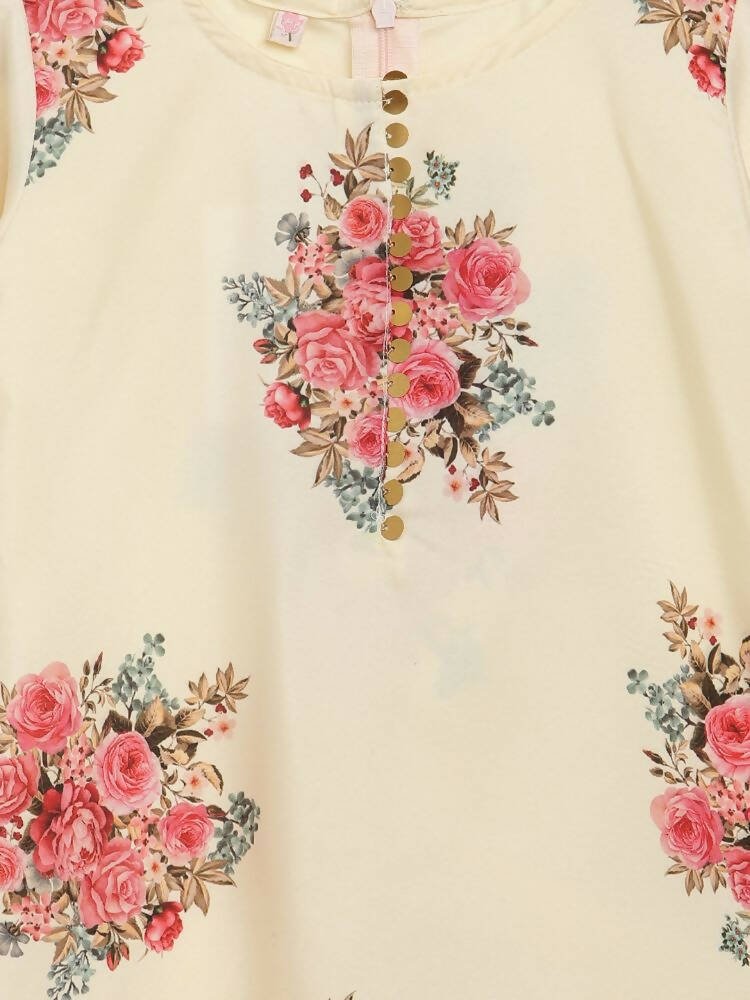 Ahalyaa Beige Crepe Floral Printed Kids Kurta Palazzo Set With Dupatta For Girls