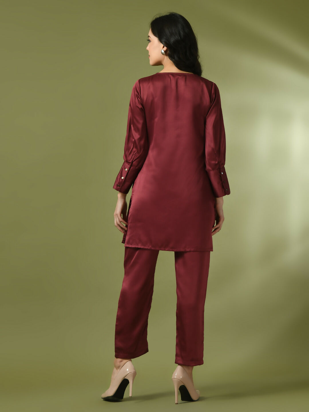 Myshka Women's Maroon Solid Satin V-Neck Party Tunic With Trousers Co-ord set