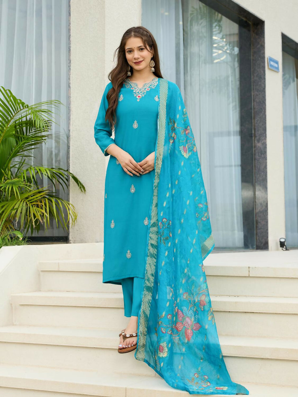 The52 Blue Women's Gorgeous Viscose Fabric Embroidered Work Straight Kurta, Pant and Dupatta Set - Distacart