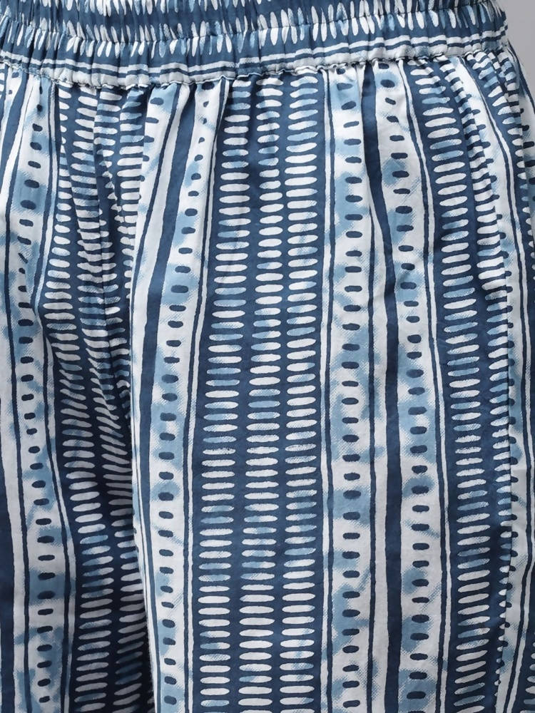 Yufta Women Blue & White Printed Pure Cotton Kurta with Trouser & Dupatta
