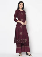 Aniyah Rayon Wine Color Block Print Straight Kurta Palazzo Set (AN-174K)
