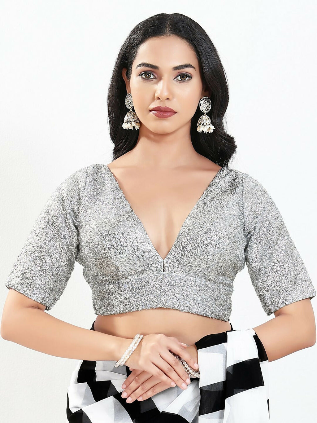 Joban Fashion Silver Silk Padded Blouse With V Neck Elbow Sleeves - Distacart