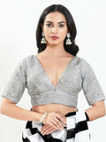 Joban Fashion Silver Silk Padded Blouse With V Neck Elbow Sleeves - Distacart