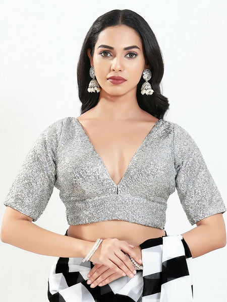 Joban Fashion Silver Silk Padded Blouse With V Neck Elbow Sleeves
