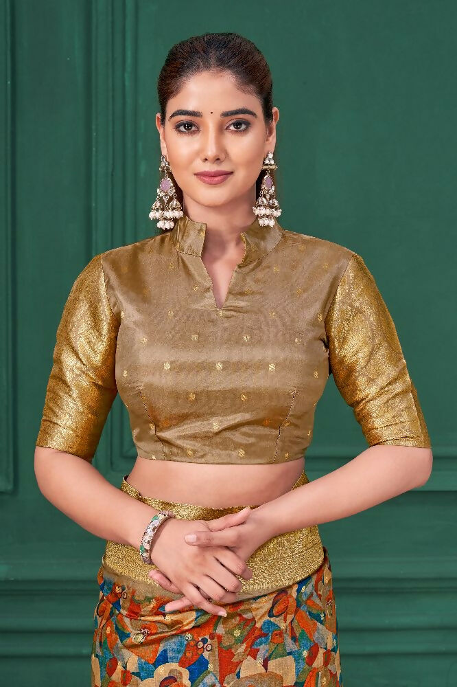 Chiku Tussar Silk Jacquard Abstract Digital Print Saree with Unstitched Blouse - Mohira