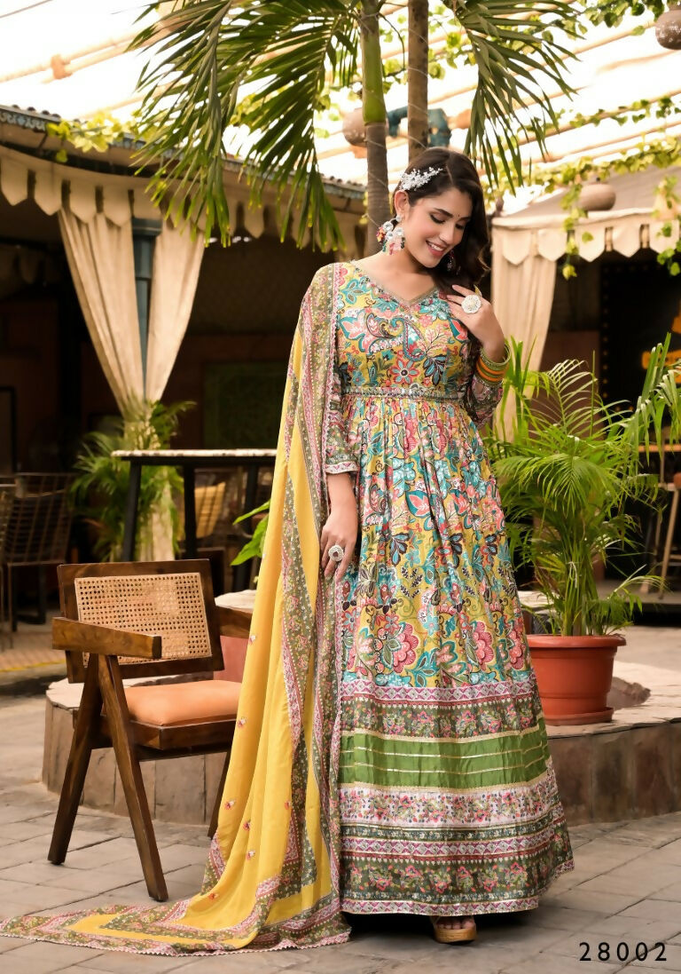 Wedding Designer Multi Soft Dola Silk Anarkali suit with Dupatta - Sanj