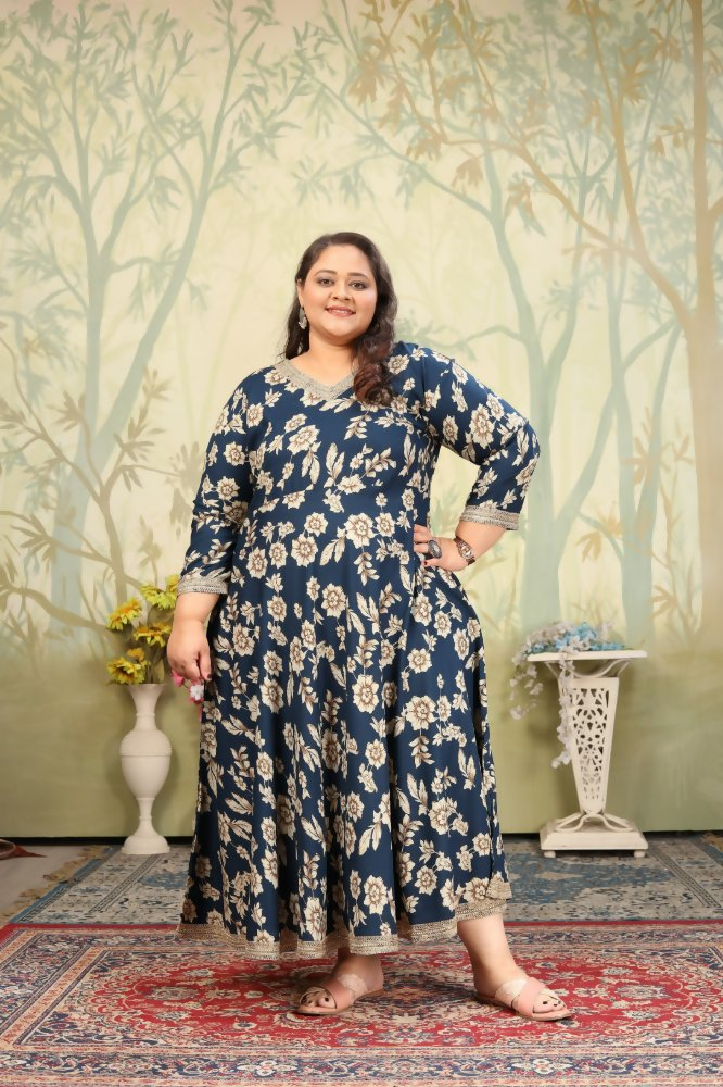 Jyoti Fashion Women's Navy Blue Rayon Floral Print with Sequins Designer Anarkali Set