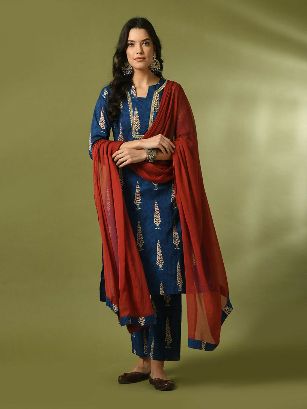 Myshka Women's Blue Printed Cotton Straight Party Kurta Set With Dupatta