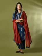 Myshka Women's Blue Printed Cotton Straight Party Kurta Set With Dupatta
