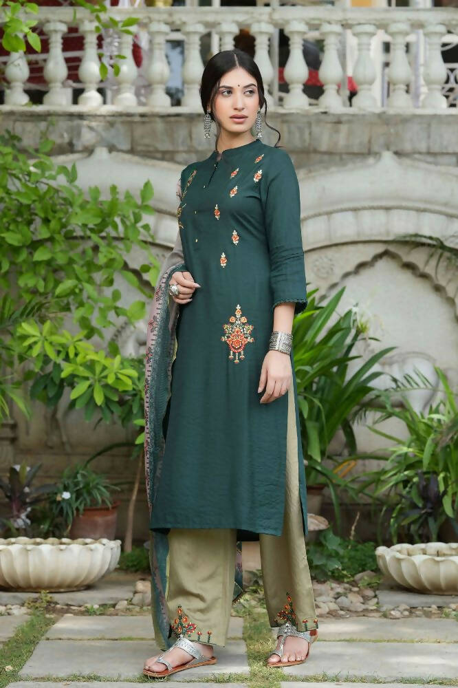 Juniper Bottle Green Mono Viscose Festive Wear Embroidered Straight Kurta Pant Dupatta Set - Distacart