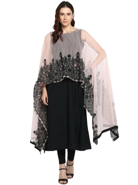 Ahalyaa Women's Beautiful Black Crepe Printed Kurta with Attached Dupatta