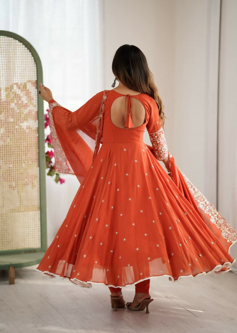 Teeya Creation Orange Color Faux georgette Embroidery Work Wedding Wear Gown - Distacart
