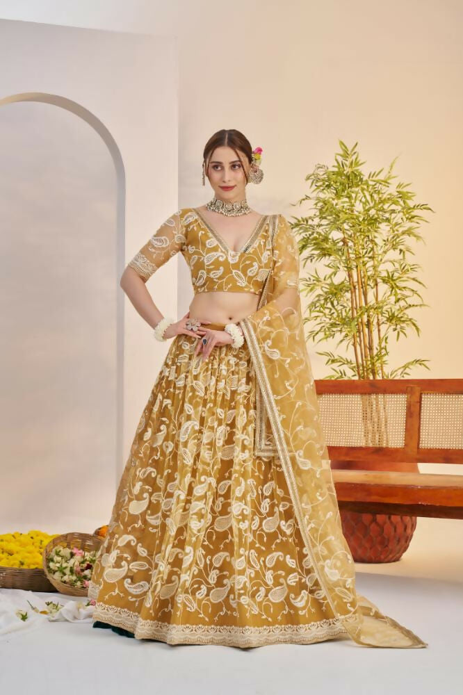 Aastha Fashion Light Golden Butterfly Net White Cotton Thread Work And Sequence Work Embroidery Wedding Wear Lehenga Choli