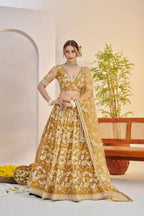 Aastha Fashion Light Golden Butterfly Net White Cotton Thread Work And Sequence Work Embroidery Wedding Wear Lehenga Choli