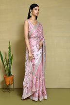 Pink Satin Silk Sequence Embroidered With Stone Work Festive Saree - Nimaya Denzy