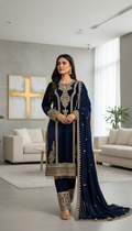 Teeya Creation Blue Color Velvet Fabric Designer Embroidery Work Suit - Distacart