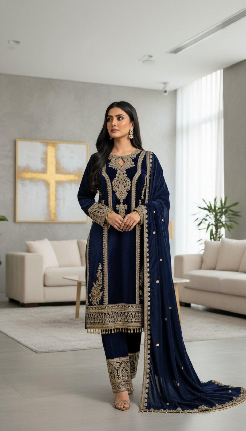 Teeya Creation Blue Color Velvet Fabric Designer Embroidery Work Suit - Distacart