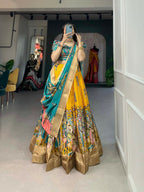 Vastranavya Kalamkari Print With Weaving Border Lehenga with Unstitched Blouse - Yellow
