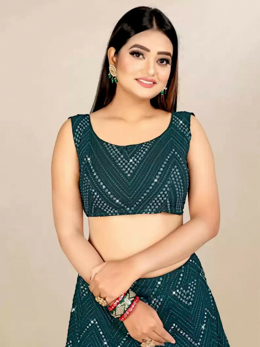 Jyoti Fashion Classy Bottle Green Georgette 3MM Sequins with Thread Embroidery Lehenga Choli with Dupatta