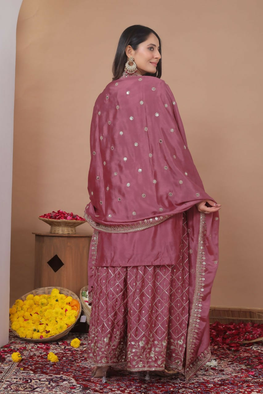 Teeya Creation Dark Onion Color Chinon Silk Wedding Wear Trending Palazzo Set - Distacart