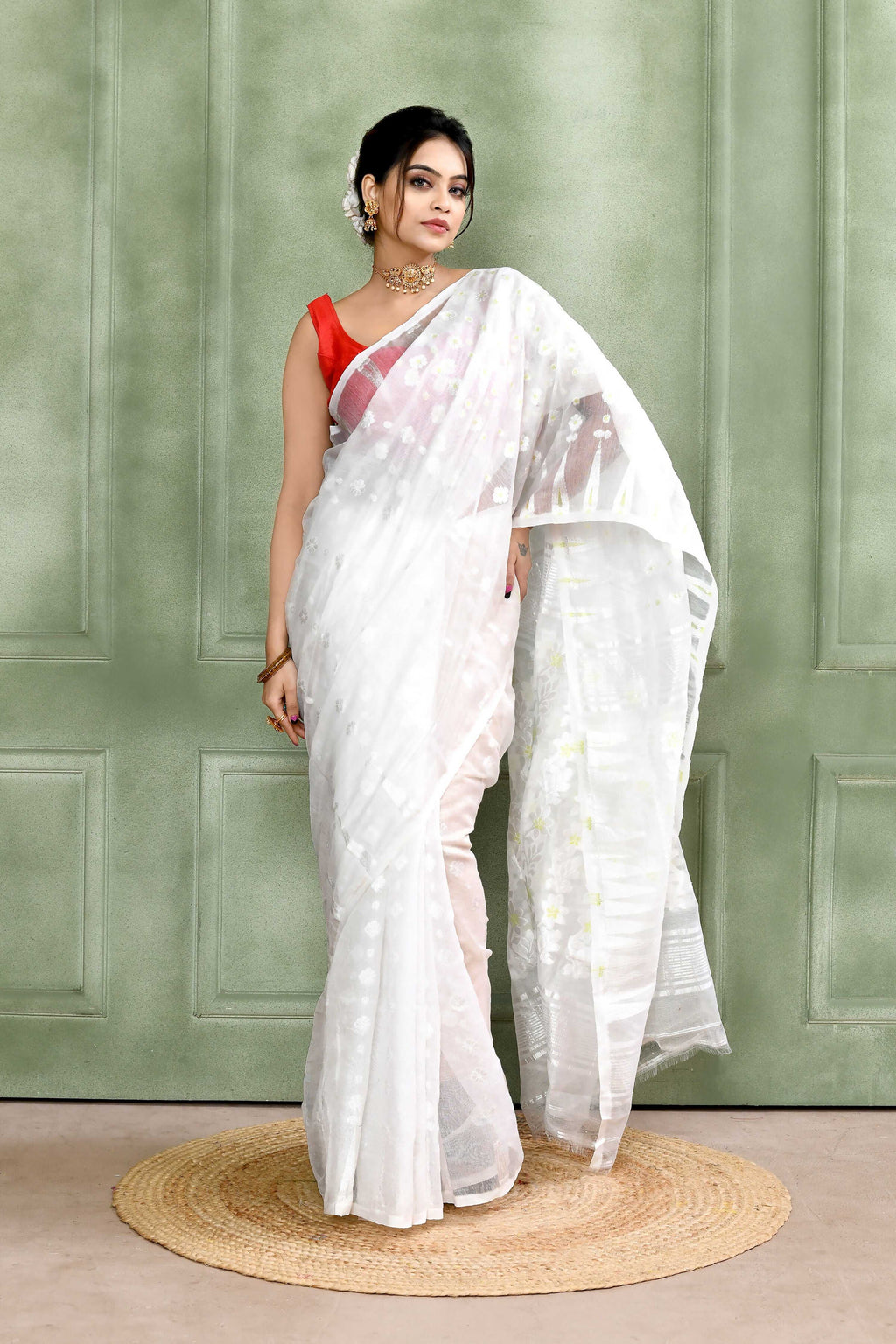 Piyari Fashion Women's White Embellished Cotton Blend Jamdani Saree - Distacart