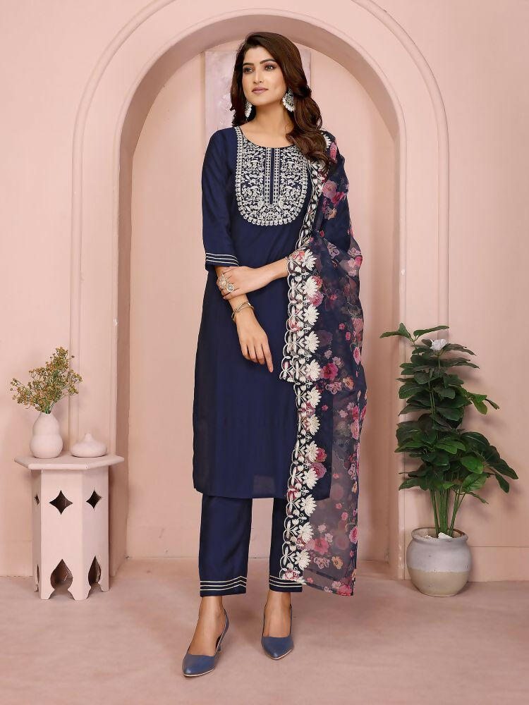 Joban Fashion Women Navy Blue Roman Embroidery Stitched Kurta Set - Distacart