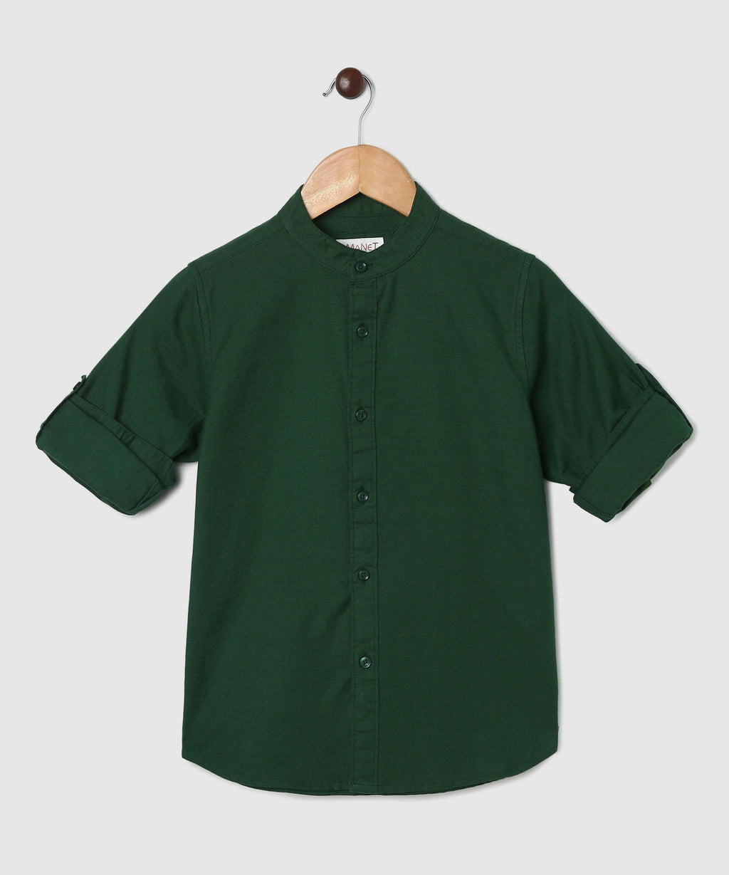 Manet Boys Mandarin Collar Full Sleeves Melange Shirt - Green