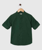 Manet Boys Mandarin Collar Full Sleeves Melange Shirt - Green