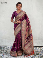 Magenta Pashmina Silk Wevon Kashmiri Meenakari Designer Saree with Unstitched Blouse - Vandini
