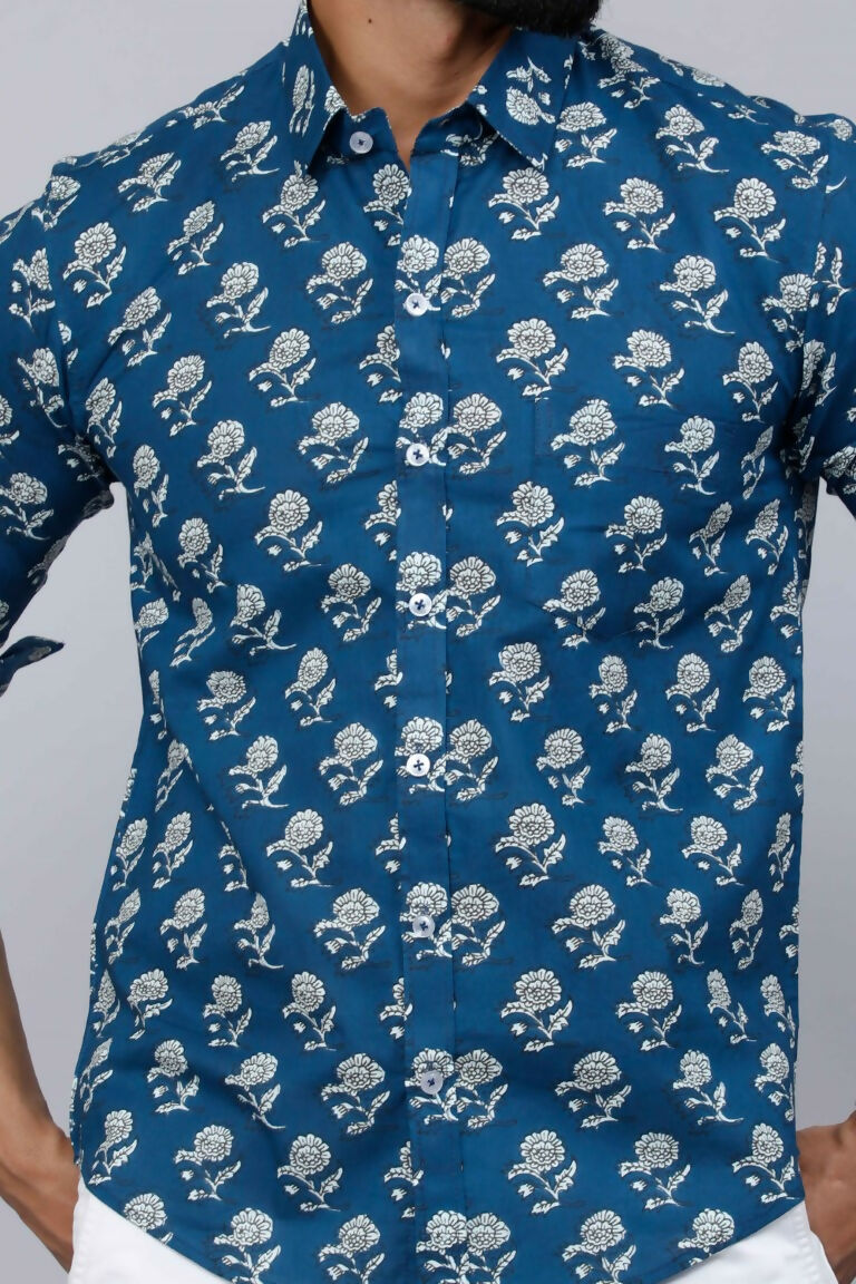 Miravan Men's Blue Spread Collar Floral Print Casual Shirt