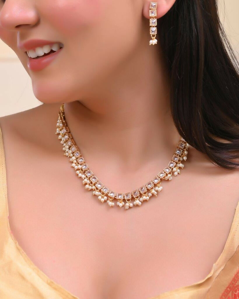 VOJ Gold Tone Stone Studded Choker With Earrings Set