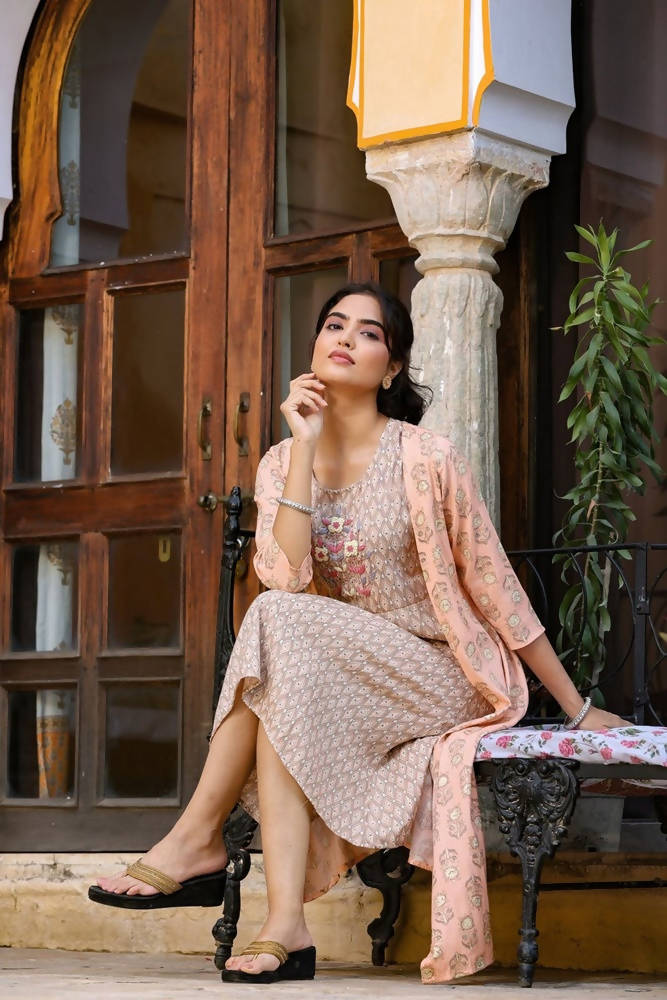 Yufta Orange Printed & Embroidered Dress