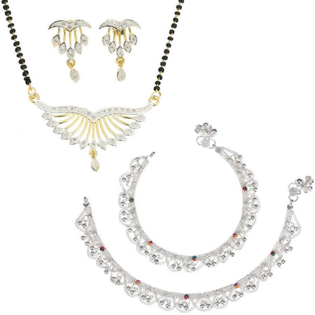 AanyaCentric Gold-Polished Mangalsutra Pendant Earring Set & Silver Plated Anklet
