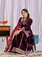 Joban Fashion Wine Velvet Sequence Embroidery Work Kurta Set - Distacart